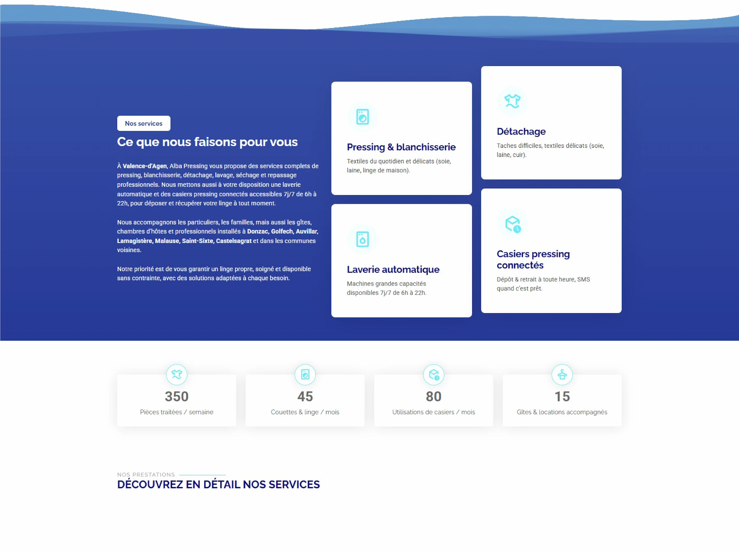 Page d’accueil du site web d’Alba Pressing, services de nettoyage textile en Tarn-et-Garonne