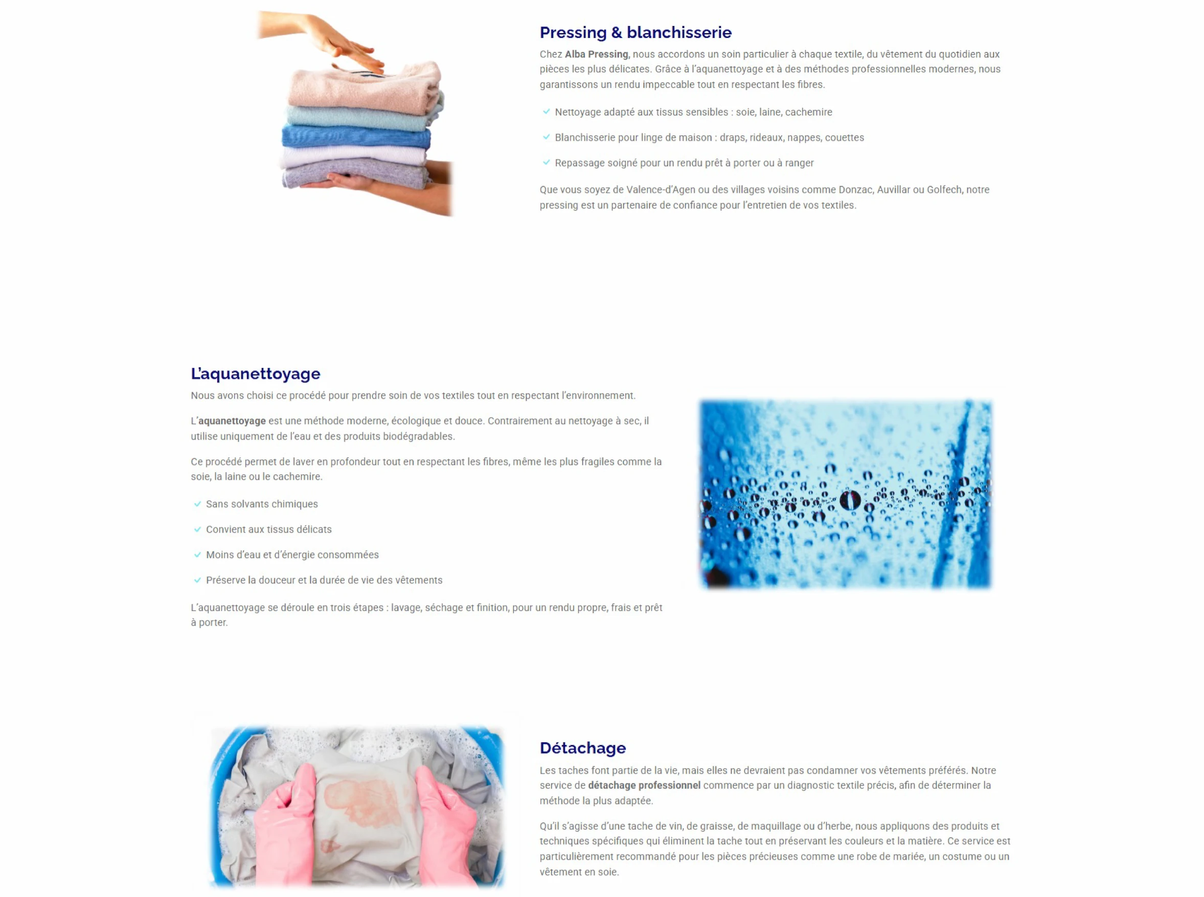 Capture d’écran du site Alba Pressing, informations sur le pressing et ses services